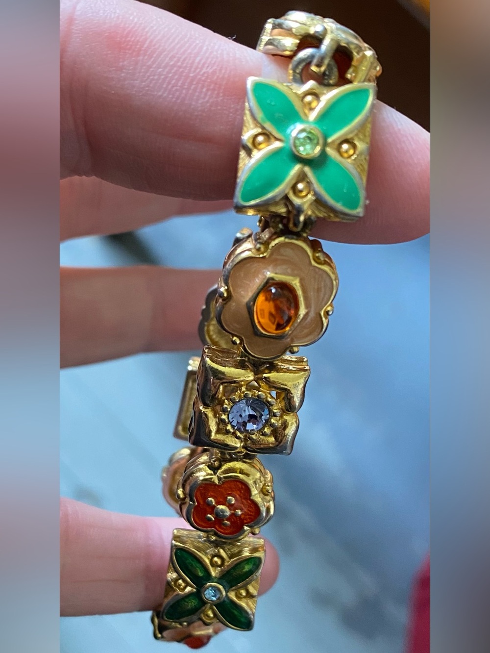 VTG Joan Rivers Gold Tone Bracelet w/Multicolor Enamel/Glass/Rhinestone Links